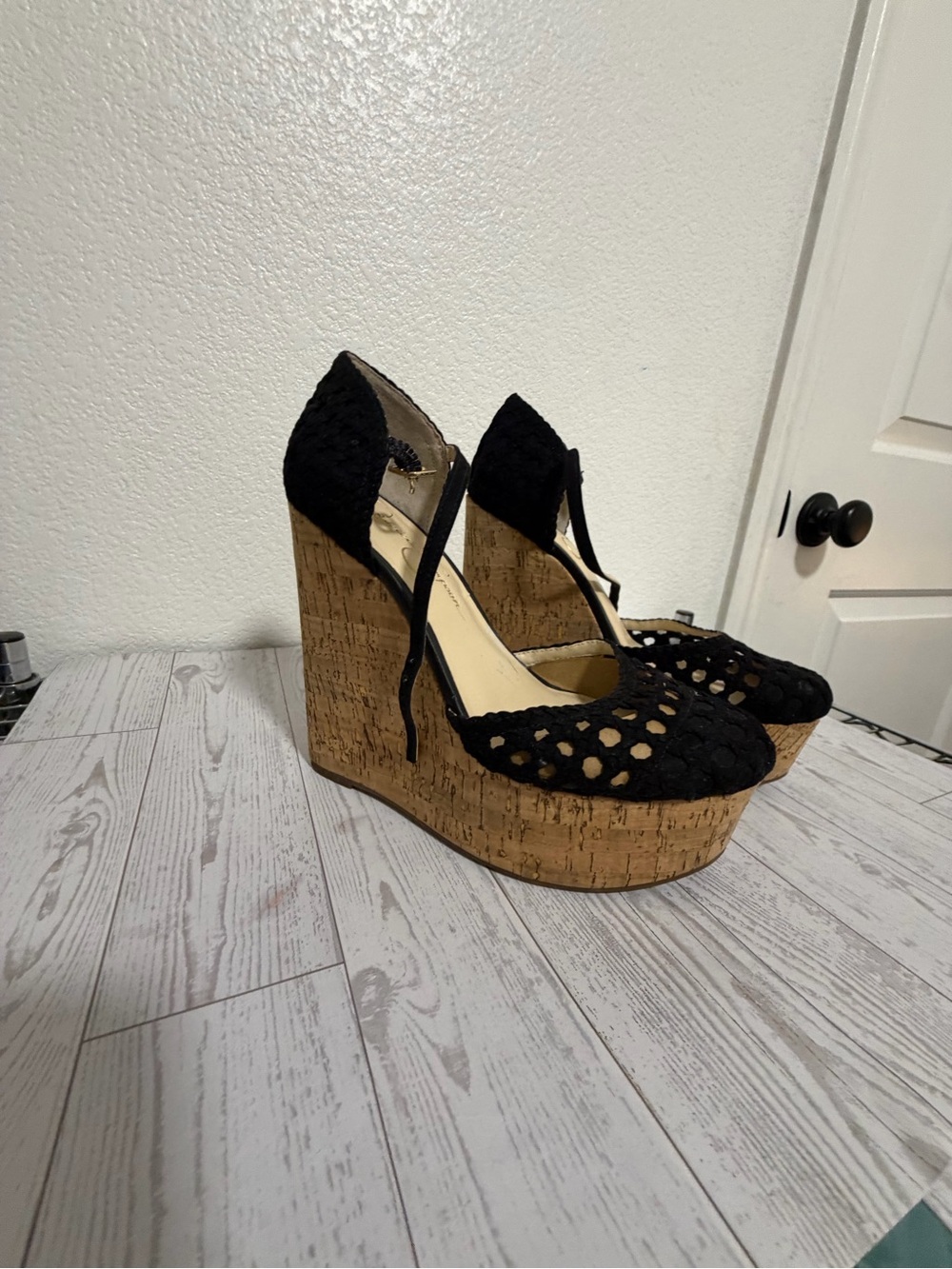Jessica Simpson Black Crochet Cork Platform Wedges